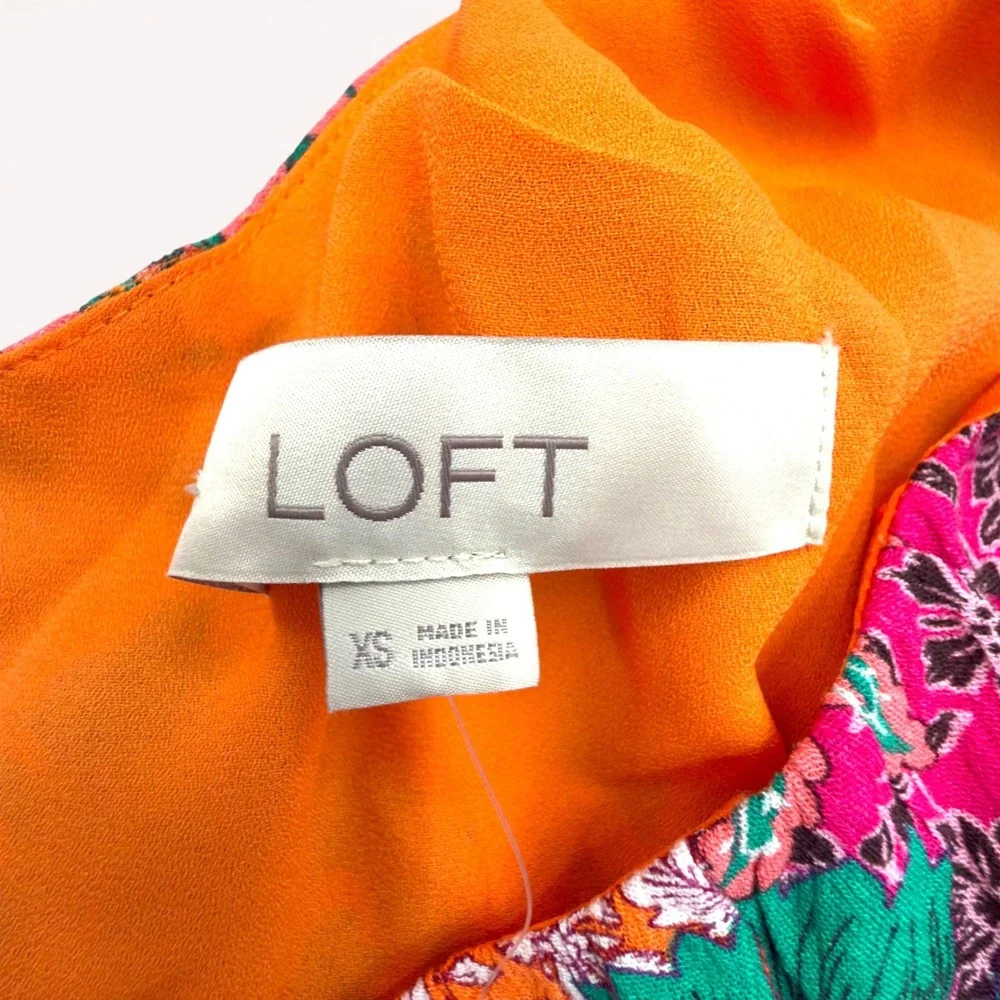 LOFT‎ XS NWT Floral Patchwork Blouse Puff Sleeve Orange Lined Boho Top Tropical